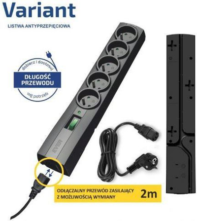Prizë zgjatëse Ever Variant (T / LZ09-VAR020 / 0410), 5 priza, me kabllo 2 m, e zezë