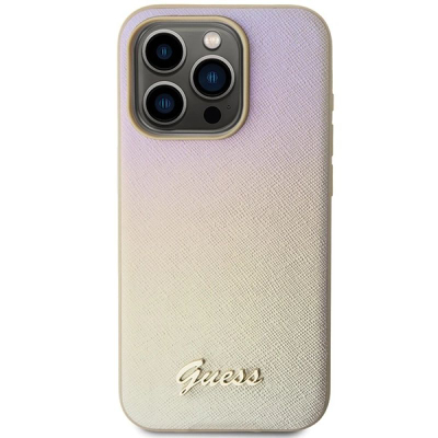 Mbrojtëse telefoni Guess Saffiano Iridescent Script për iPhone 15 Pro, 6.1", gradient, ngjyrë ari
