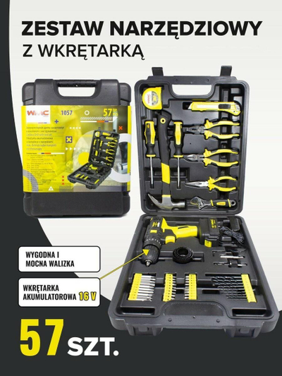 Set veglash WMC 1057, 57 copë, kaçavidë me bateri, valixhe plastike