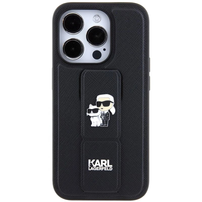 Mbrojtëse telefoni Karl Lagerfeld Gripstand Saffiano Karl &amp; Choupette, për iPhone 14 Pro 6.1", me rrip mbajtës, e zezë