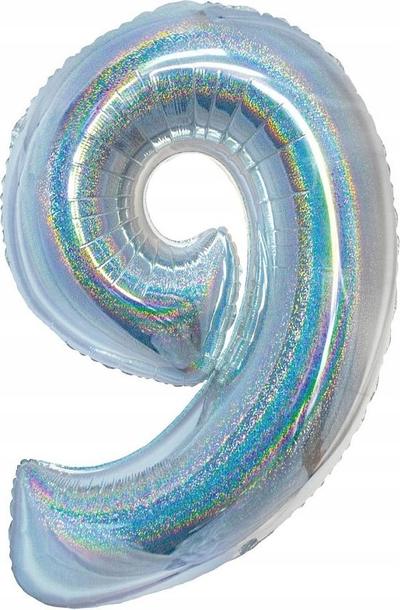 Balon folie Beauty &amp; Charm numri 9, 76 cm, holografik argjendi