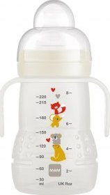 Тренинг-шише MAM Trainer+ 220ml Better Together, ергономска рачка, без BPA, повеќебојно