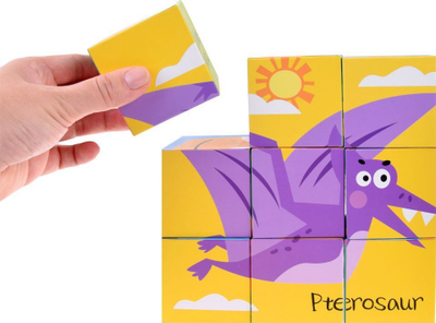 Puzzle kuba me dinosaurë, 9 blloqe, 6 figura, me ngjyra