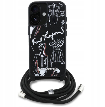 Kapak telefoni Karl Lagerfeld Crossbody MagSafe për iPhone 16, lëkurë Saffiano, me rrip, i zi