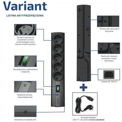 Prizë zgjatëse Ever Variant (T / LZ09-VAR020 / 0410), 5 priza, me kabllo 2 m, e zezë