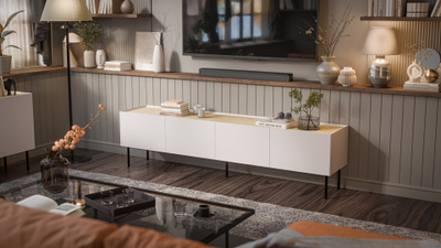 Komodinë TV FELLINI 200 cm, MDF, këmbë metalike, ngjyrë cashmere