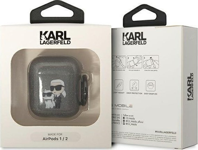 Mbulesë Karl Lagerfeld KLA2HNKCTGK për AirPods 1/2, Glitter Karl &amp; Choupette, e zezë me shkëlqim
