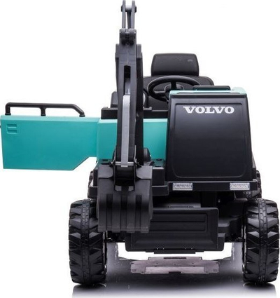 Eskavator elektrik për kalamaj Volvo, me goma të mëdhaja, me krah gërmimi që punon, i zi me jeshile