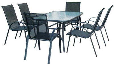 Set mobilje të jashtme Domoletti HC-891, tavolinë xhami 150cm, 6 karrige, i zi