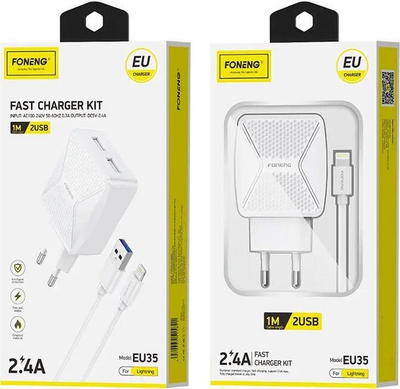 Karikues muri Foneng EU35, 2 porta USB 2.4A, me kabllo Lightning, i bardhë