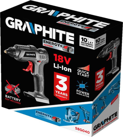 Пиштол за лепење Graphite Energy+ 58G040, без кабел, 18V, црн