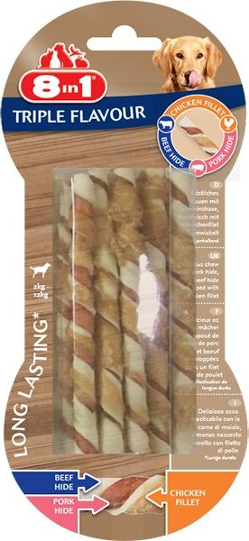 Shkopinj përtypës për qen 8in1 Triple Flavour Twisted Sticks, 3 lloje mishi, 10 copë
