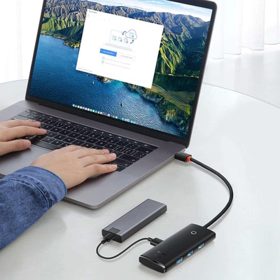 Hub USB Baseus Lite, 4 porta USB 3.0, lidhje USB Type‑C, 0.25 m, i zi