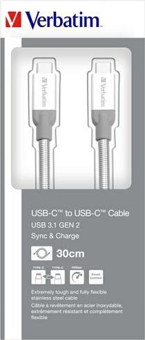 Kabllo Verbatim USB C në USB C, USB 3.0, çelik inox, argjendtë