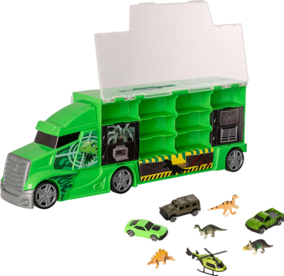 Kamion lodër HTI Teamsterz Dino Transporter, me dinosaurë, me gjëra shtesë, shumëngjyrësh