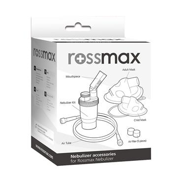 Set aksesorësh për nebulizator Rossmax, maskë për të rritur dhe kalamoj, 5 filtra ajri, i bardhë