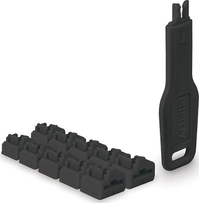 Set bllokuesish porte RJ45 Lindy, 10 copë me çelës, të zinj
