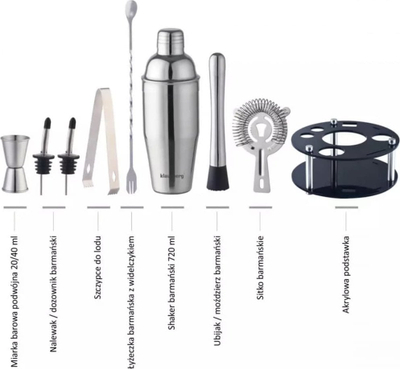 Set bartendër për kokteje, 9 pjesë, me qëndrim akrilik, inox, ngjyrë argjendi