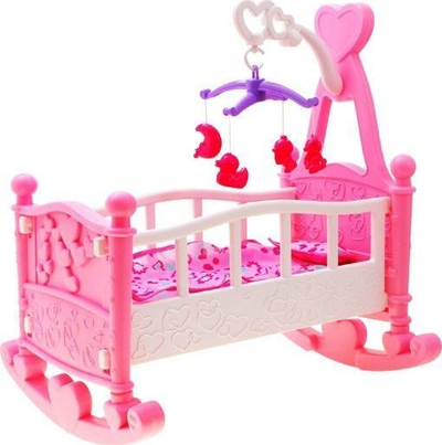Djep lodër për kukulla Baby Bed ZA1668, me karusel, set gjërash, rozë