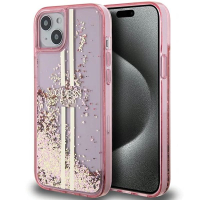 Mbrojtëse telefoni Guess Liquid Glitter Gold Stripes për iPhone 15 Plus 14 Plus 6.7", plastike, rozë