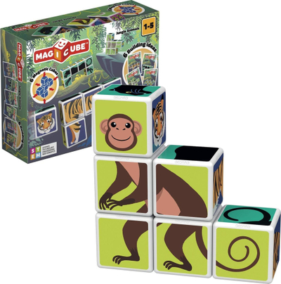 Lodër kube magnetike Geomag Magicube Jungle Animals, 6 kube, 3 karta ndërtimi, shumëngjyrëshe