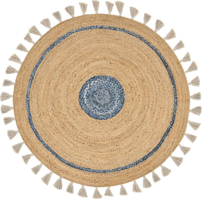 Tapet rrumbullak prej jute Boho, 140 cm, i end me dorë, bezhë me blu