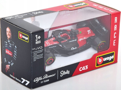 Maket makine Bburago Alfa Romeo F1 C43 Valtteri Bottas, shkallë 1:43, kuqe e zezë