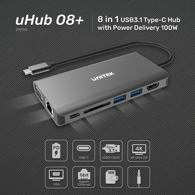 USB Hub UNITEK D1019A, USB-C, 8-në-1, 100W Power Delivery, i hirtë