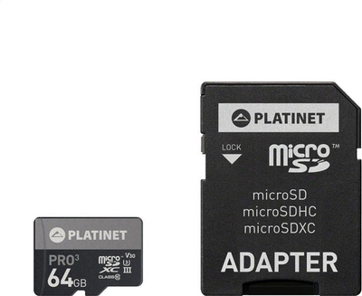 Kartë memorie Platinet Secure Digital MicroSDXC, 64 GB, Class 10 U3 A1 V30 + adapter