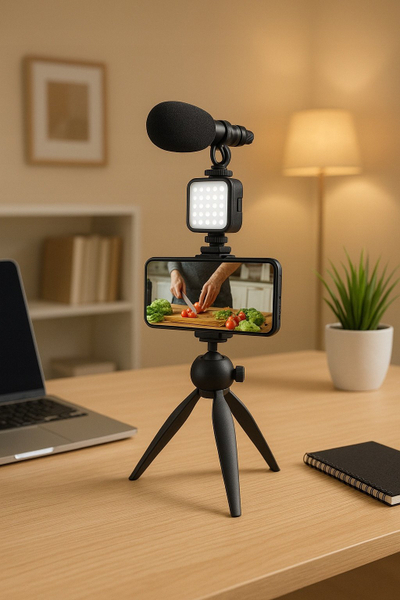 Set për live streaming Xqisit me tripod 360°, dritë LED edhe mikrofon HD
