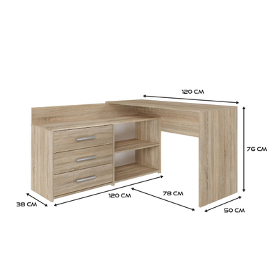 Tavolinë këndore kompjuteri Dany Large, 3 sirtarë, rafte, sonoma oak