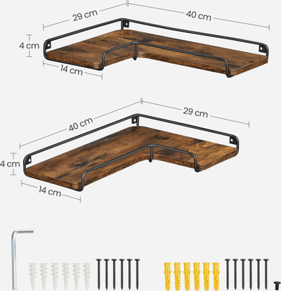 Raft muri LEOBERT 2, set me 2 rafte, 44x7x32 cm, dru rustic dhe metal i zi