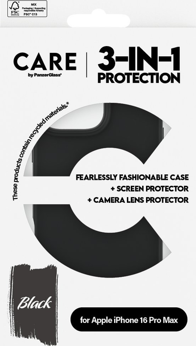 Set mbrojtës CARE by PanzerGlass 3‑në‑1, për iPhone 16 Pro Max, xham ekrani, mbrojtës lente dhe kuti e zezë
