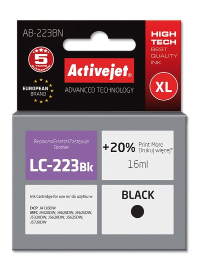 Ngjyrë për printer Activejet AB-223BN (zëvendësim për Brother LC223Bk), 16 ml, e zezë