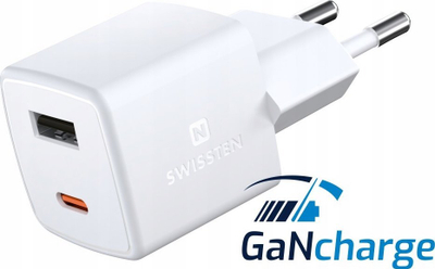 Karikues muri Swissten GaN Mini, 30W Power Delivery, 1x USB C 1x USB, i bardhë