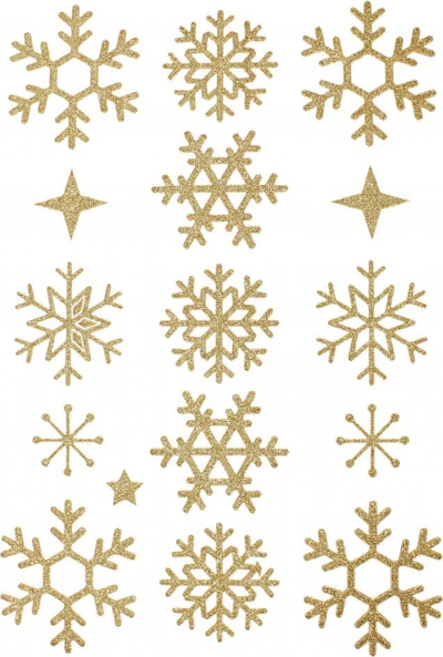 Ngjitëse zbukurimi Craft with Fun Christmas Snowflakes, forma dëboresh me shkëlqim, ngjyrë ari