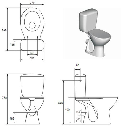 WC комплет Церсанит President, хоризонтален одвод, систем за испирање 3/6L, бел