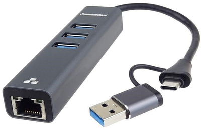 Hub USB PremiumCord USB C në USB A, 3x USB 3.2, Gigabit Ethernet, gri