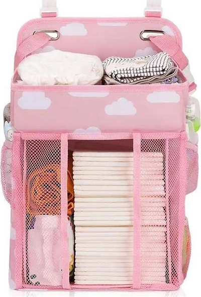 Organizues krevati për bebe AG637C Baby Crib Caddy, me shumë xhepa, prej poliestëri, rozë