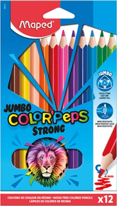Lapsa ngjyrues Maped ColourPeps Strong Jumbo, trekëndorë, me kapje të lehtë, bërthamë 4 mm, set me 12 copë, shumëngjyrësh