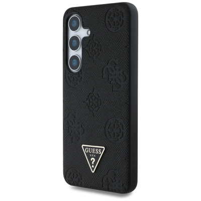 Mbrojtëse telefoni Guess Peony Triangle Logo MagSafe për Samsung Galaxy S25, lëkurë eko, e zezë