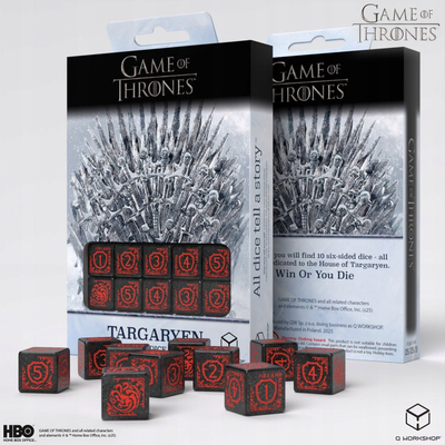 Set zarfash Game of Thrones Q Workshop Targaryen, D6, 10 copë, të zinj me të kuqe