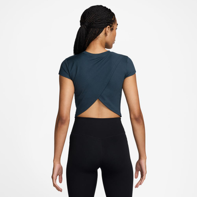 Bluzë trajnimi Nike One Wrapped Ribbed, mëngë të shkurtra, blu e errët