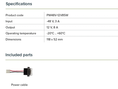 Konvertues fuqie Mikrotik PW48V-12V85W, hyrje -48 V, dalje 12 V 85 W, i gjelbër