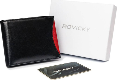 Portofol burrash Rovicky, lëkurë natyrale grain, RFID, i zi me të kuqe