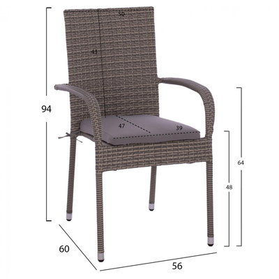Karrige metalike + jastëk ratan 55×64×93 cm (HM5685.01), gri