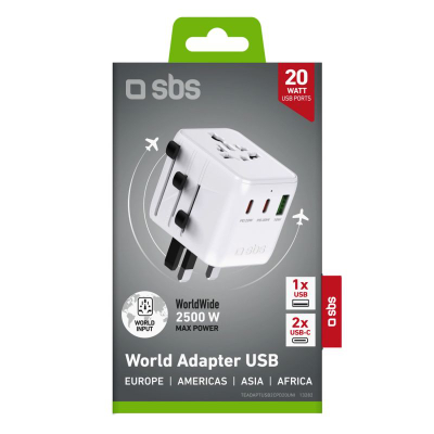 Adaptor udhëtimi universal SBS World Adapter USB, 2x USB C 20W 1x USB A, 2500W, i bardhë