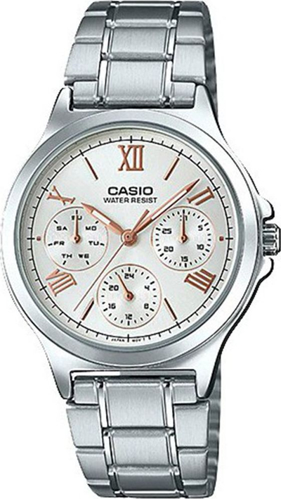 Orë dore Casio LTP V300D 7A2UDF, çelik inox, mban ujë deri në 30m, argjendtë
