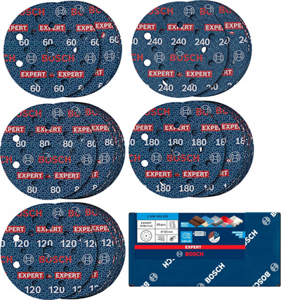 Set disqe bluarëse Bosch Expert O780, 125mm, 55 copë, granulim i përzier