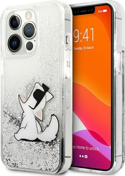 Kapak telefoni Karl Lagerfeld Liquid Glitter Choupette, për iPhone 13 Pro, silikon, argjendt transparent
